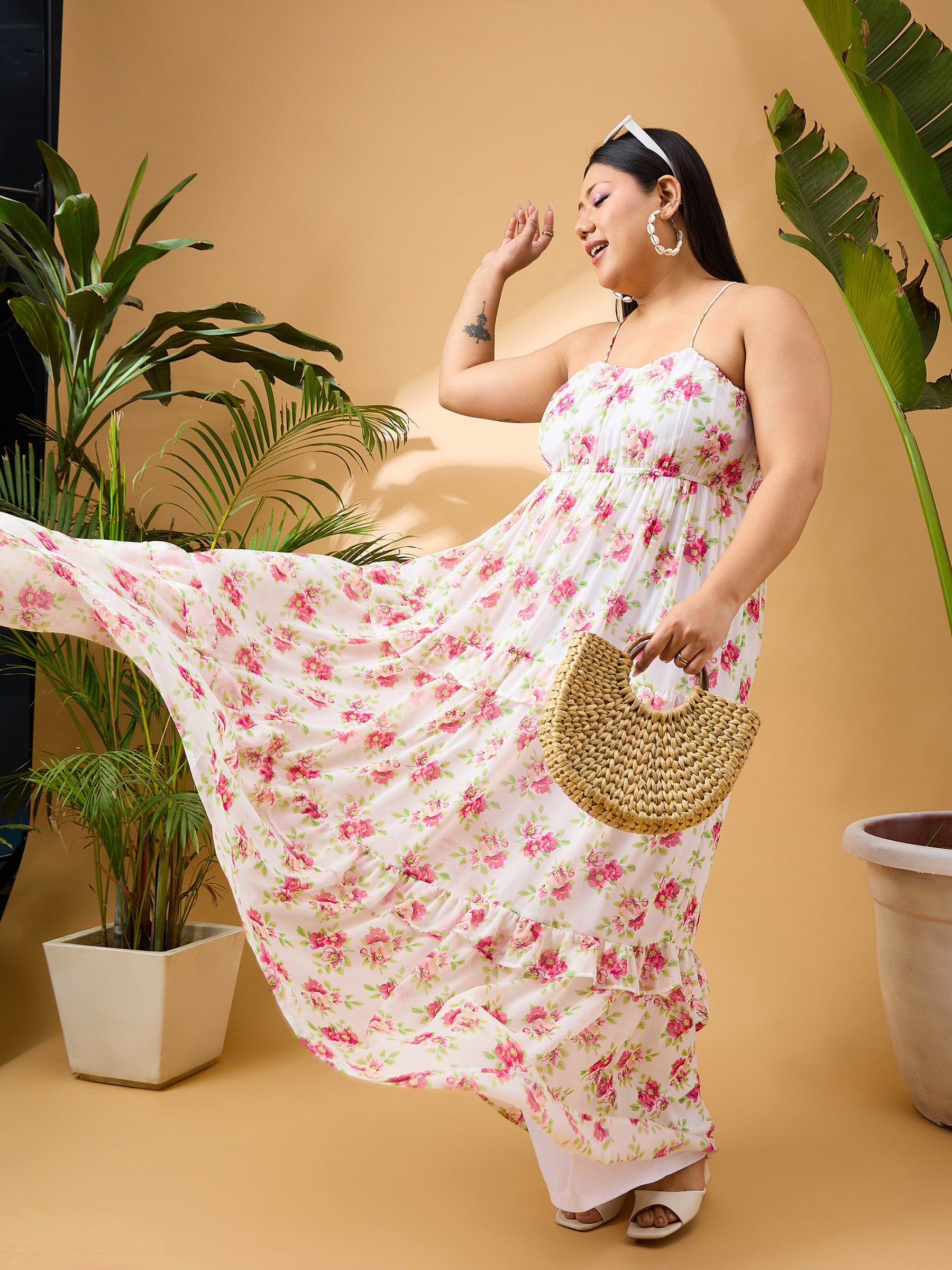 White & Pink Floral Strappy Maxi Dress-SASSAFRAS Curve