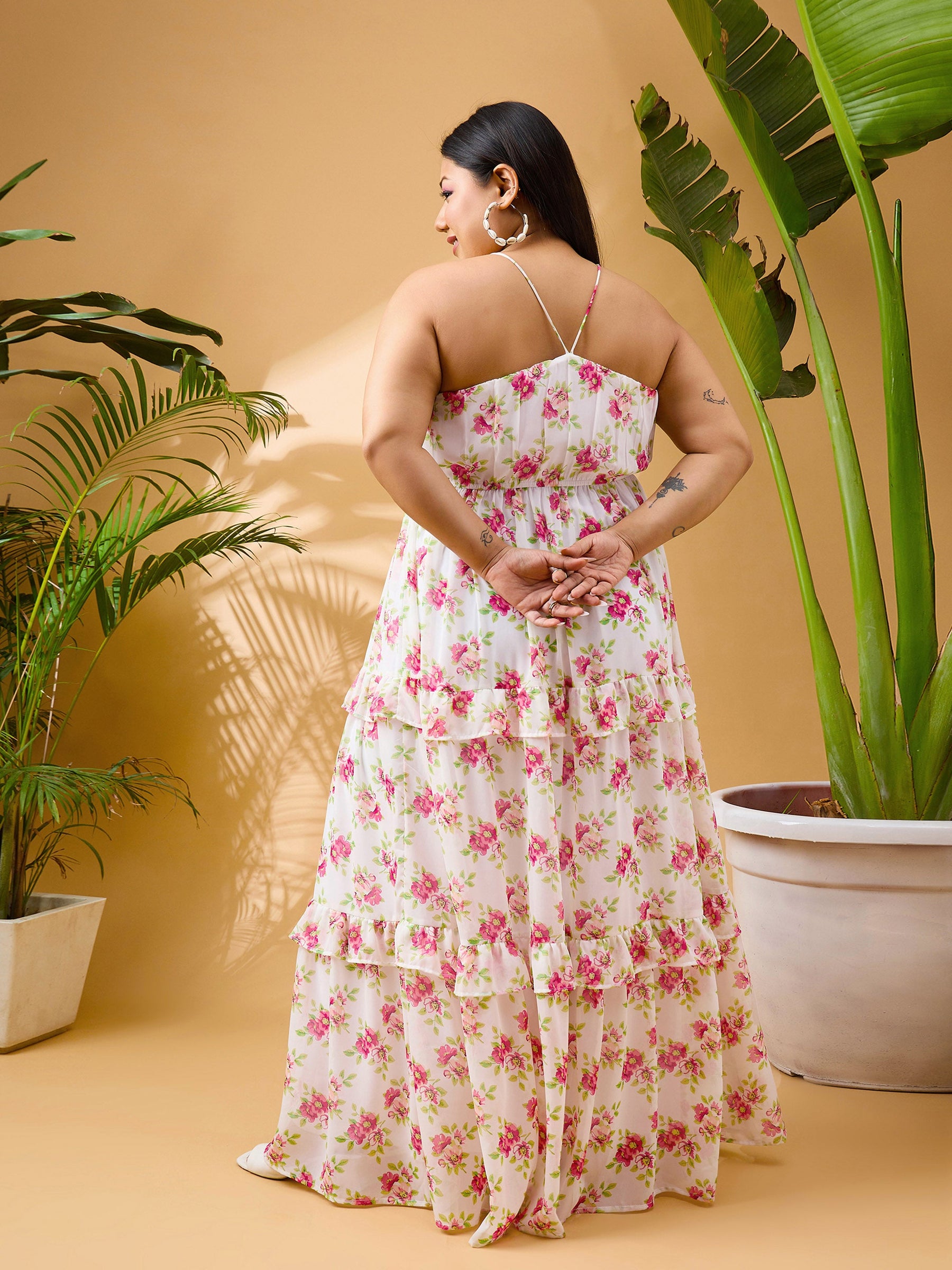 White & Pink Floral Strappy Maxi Dress-SASSAFRAS Curve