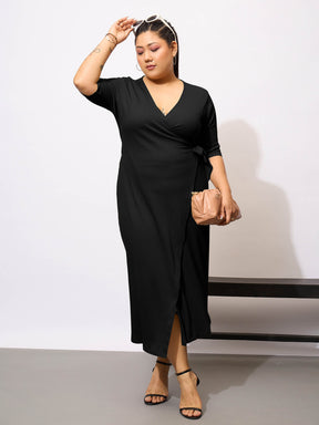 Black Rib Wrap Bodycon Midi Dress-SASSAFRAS Curve