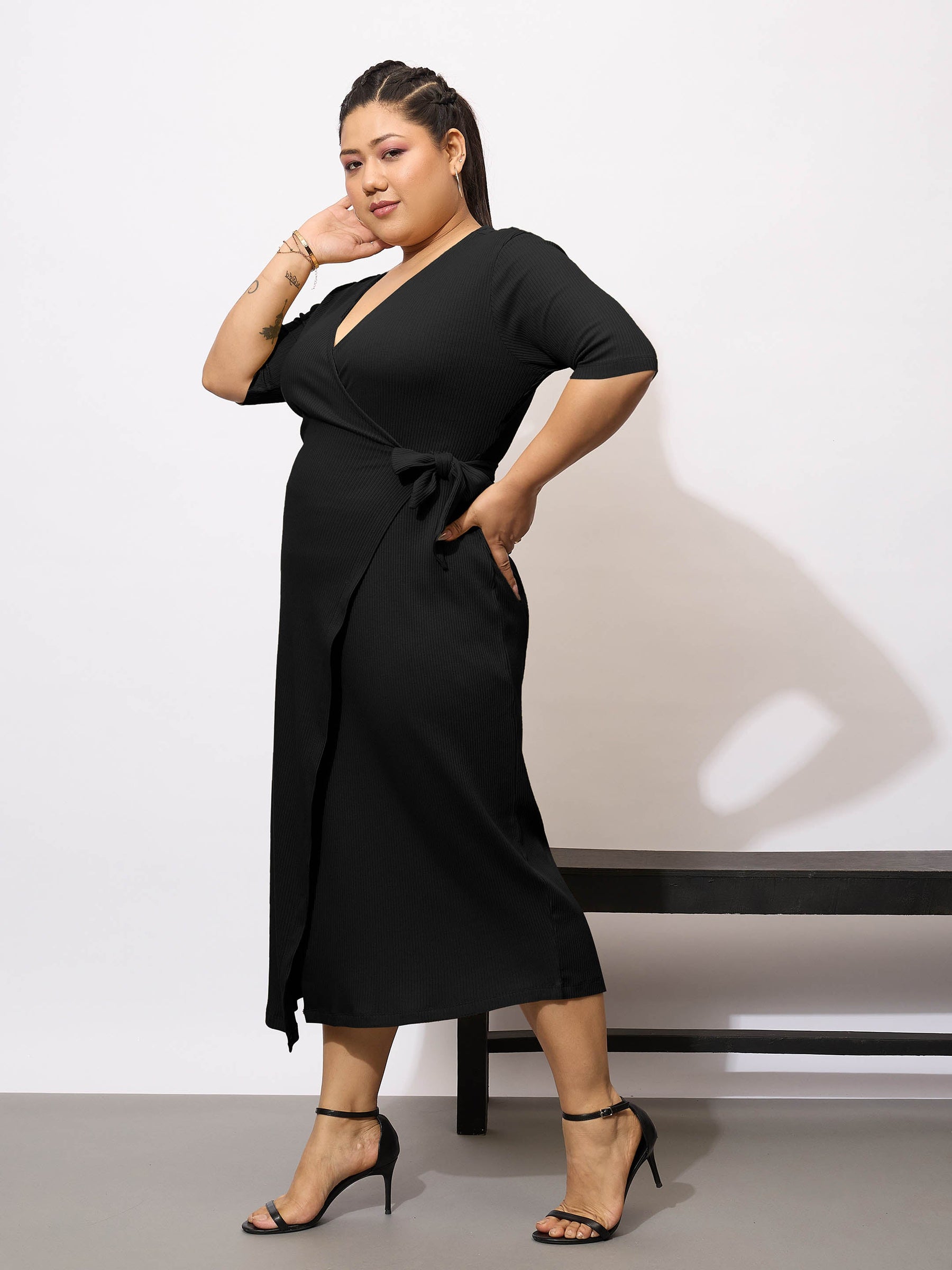 Black Rib Wrap Bodycon Midi Dress-SASSAFRAS Curve