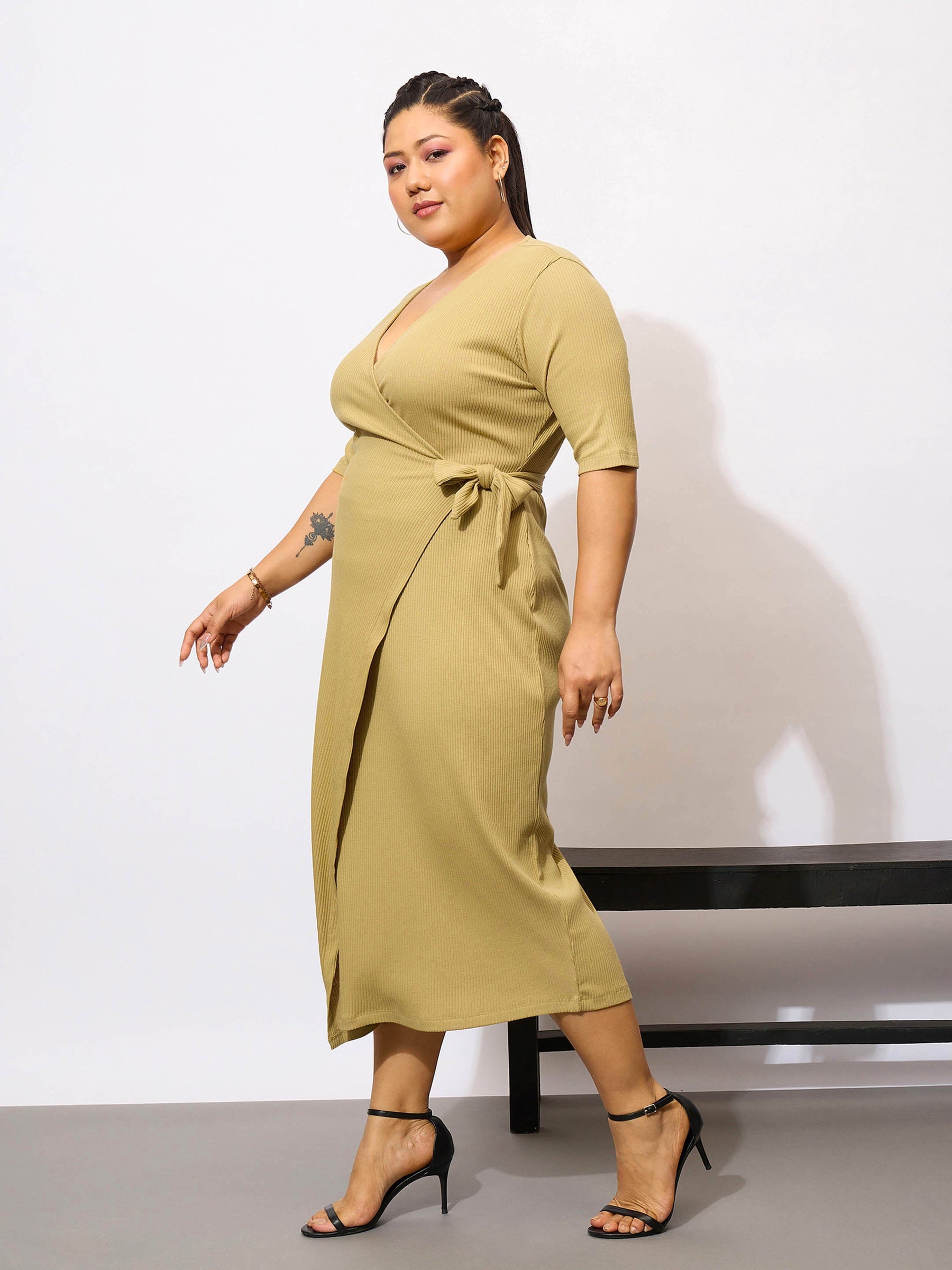 wrap bodycon midi dress TAM WARE Womens Stylish Surplice Wrap Bodycon Knit Midi Dress Gray Size Small