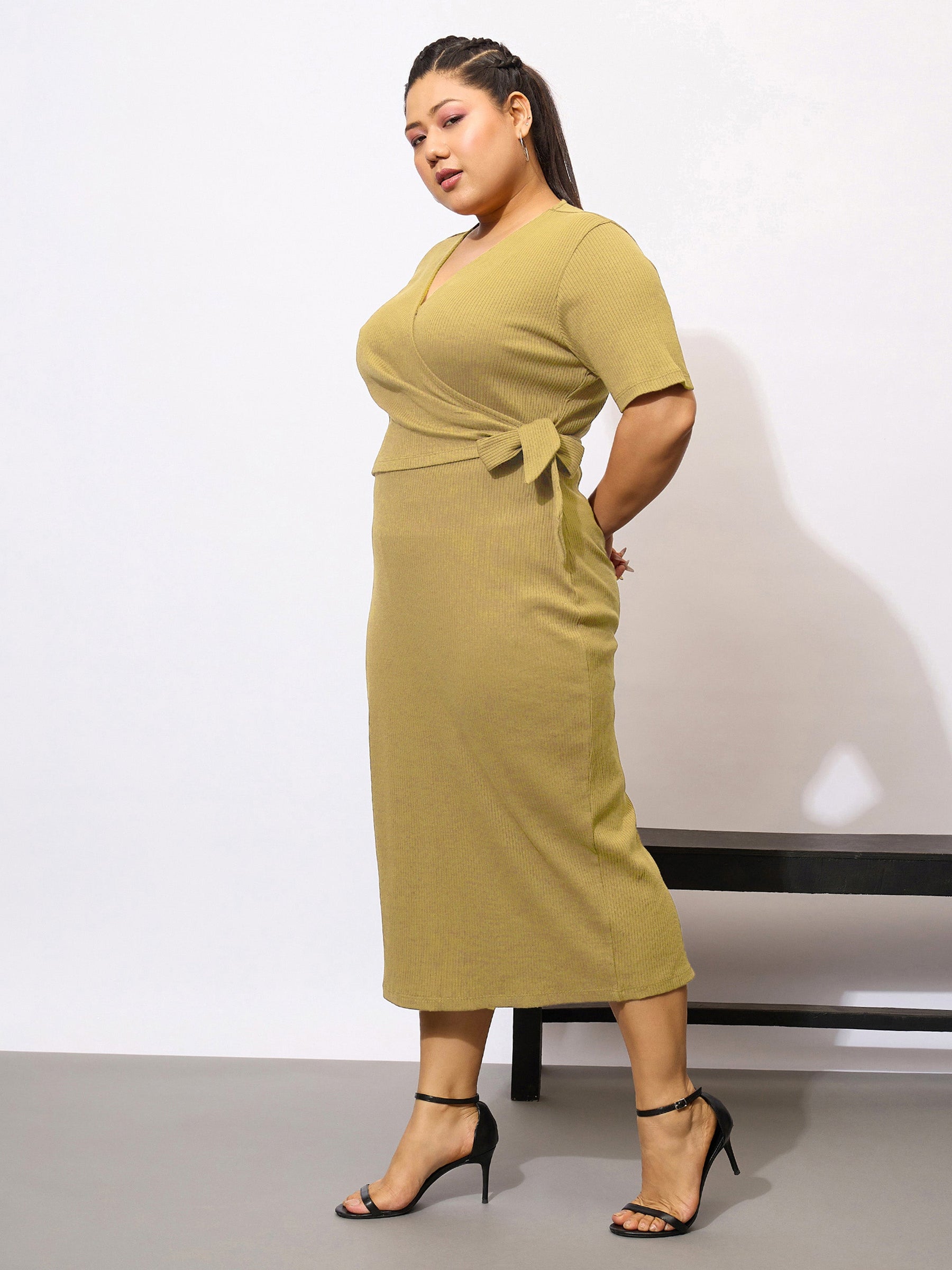 Khaki Rib Side Knot Bodycon Midi Dress-SASSAFRAS Curve