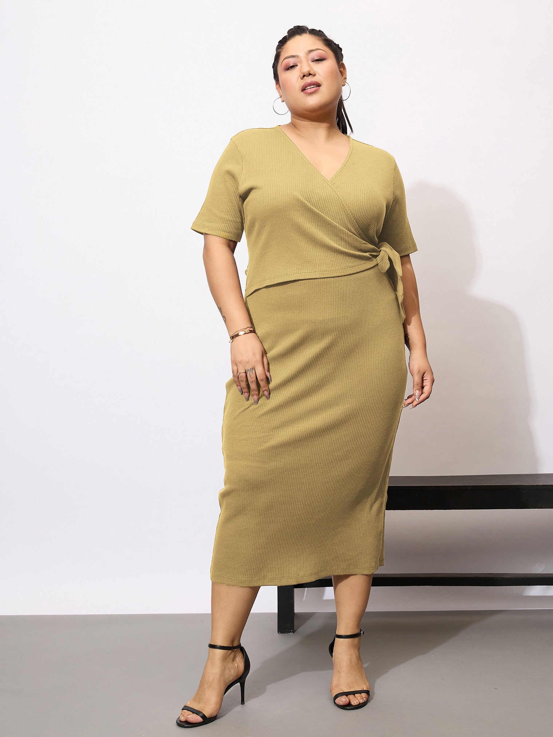 Buy Women Khaki Rib Side Knot Bodycon Midi Dress Online at Best Price