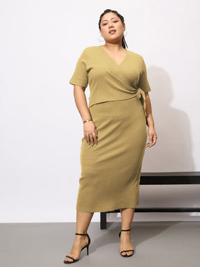 Khaki Rib Side Knot Bodycon Midi Dress-SASSAFRAS Curve