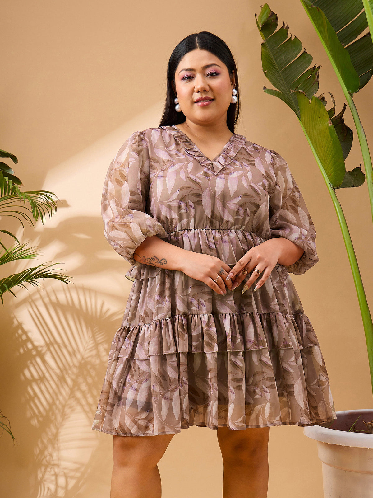 Brown Tropical Printed Frill Short Dress-SASSAFRAS Curve
