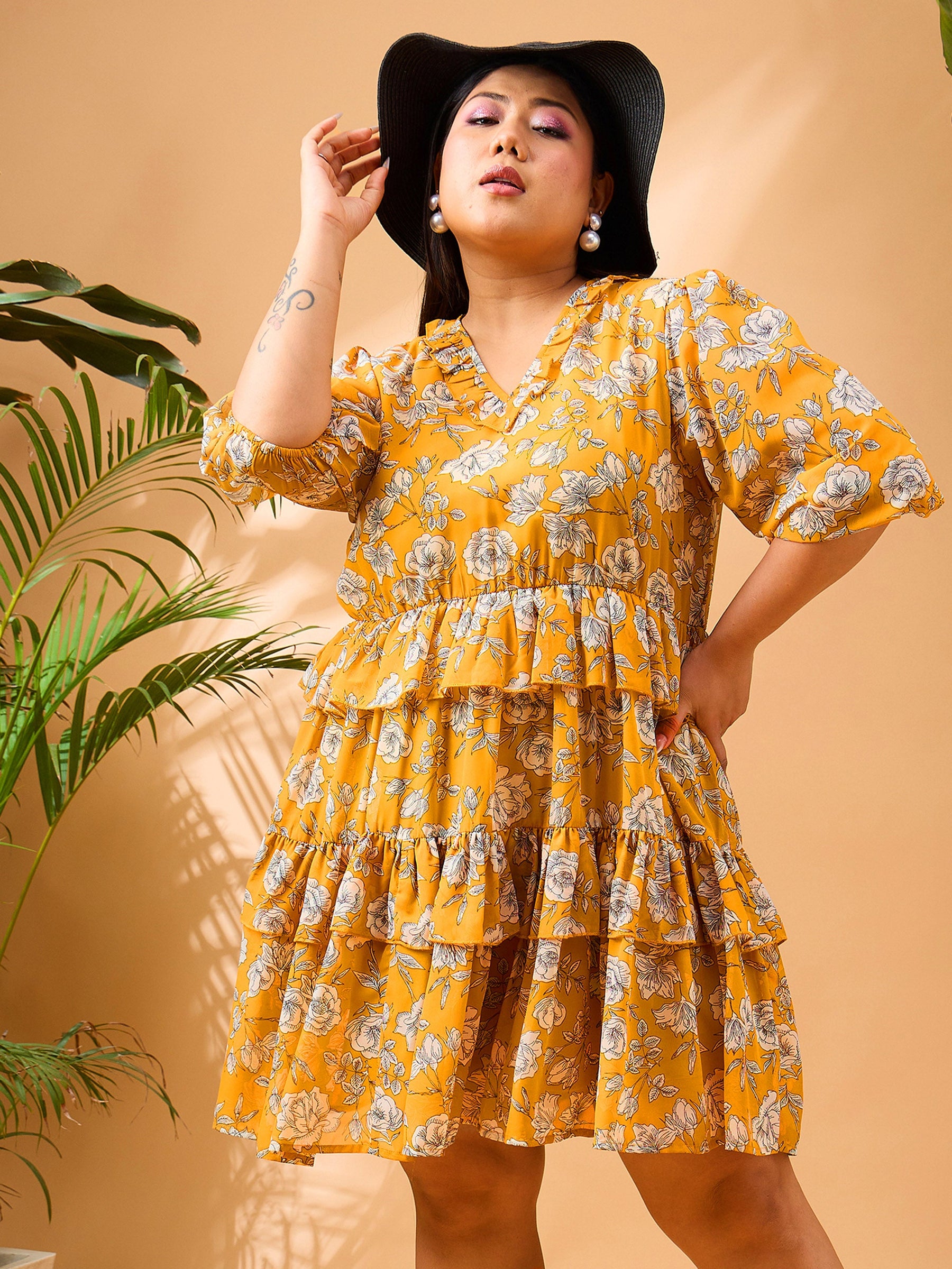 Yellow Floral Printed Frill Short Dress-SASSAFRAS Curve