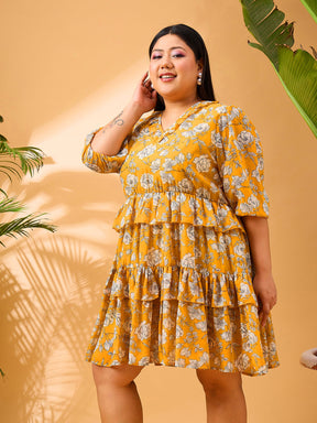 Yellow Floral Printed Frill Short Dress-SASSAFRAS Curve