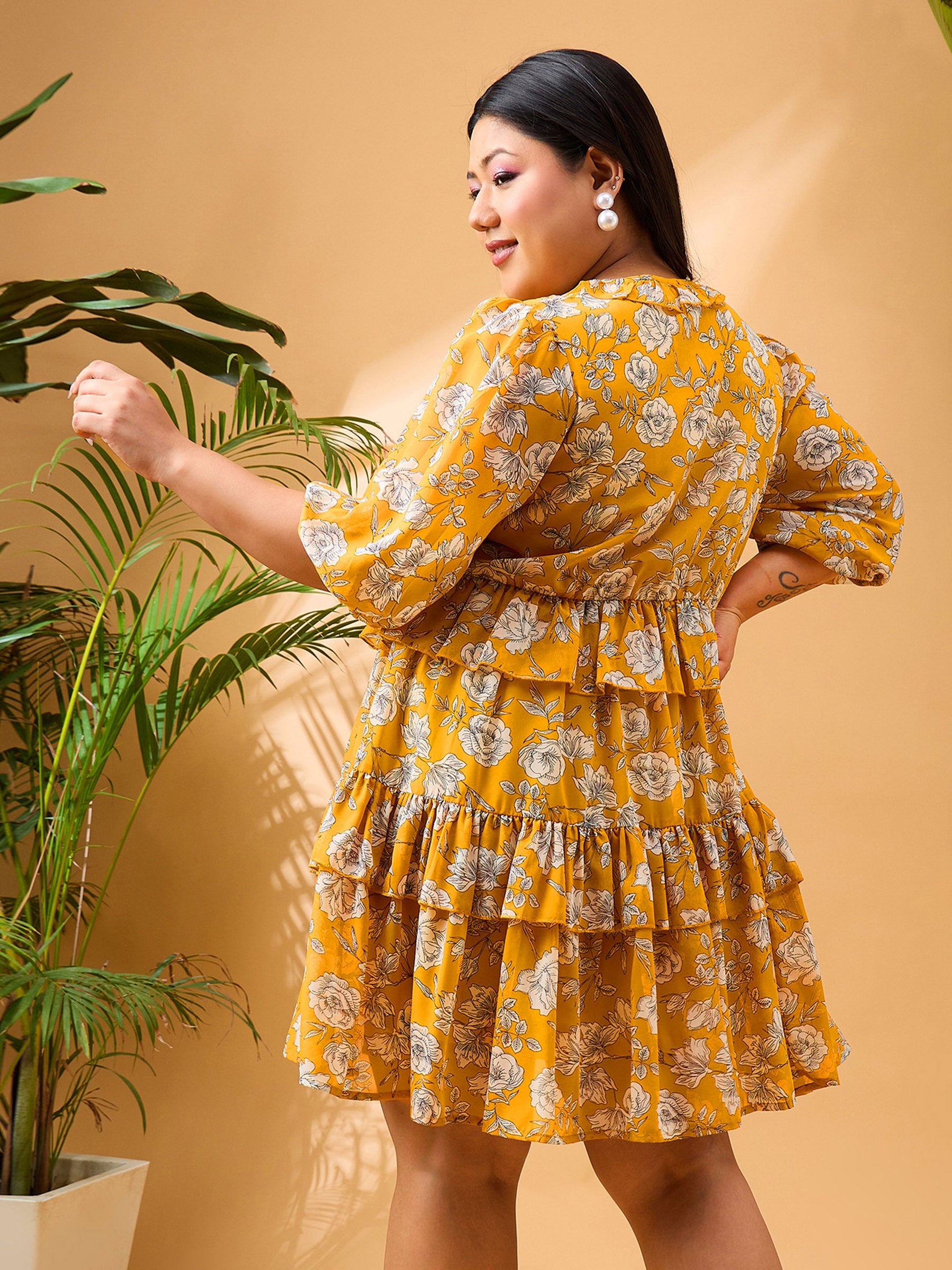 Yellow Floral Printed Frill Short Dress-SASSAFRAS Curve