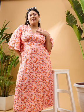 Orange Floral Front Slit Midi Dress-SASSAFRAS Curve