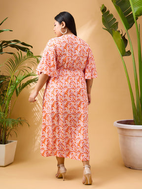 Orange Floral Front Slit Midi Dress-SASSAFRAS Curve