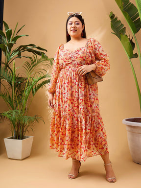 Red Tropical Hem Tiered Midi Dress-SASSAFRAS Curve