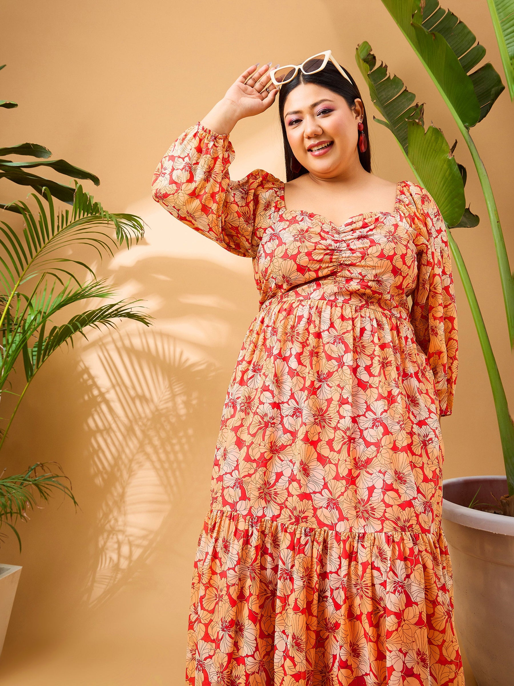 Red Tropical Hem Tiered Midi Dress-SASSAFRAS Curve