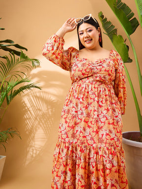 Red Tropical Hem Tiered Midi Dress-SASSAFRAS Curve