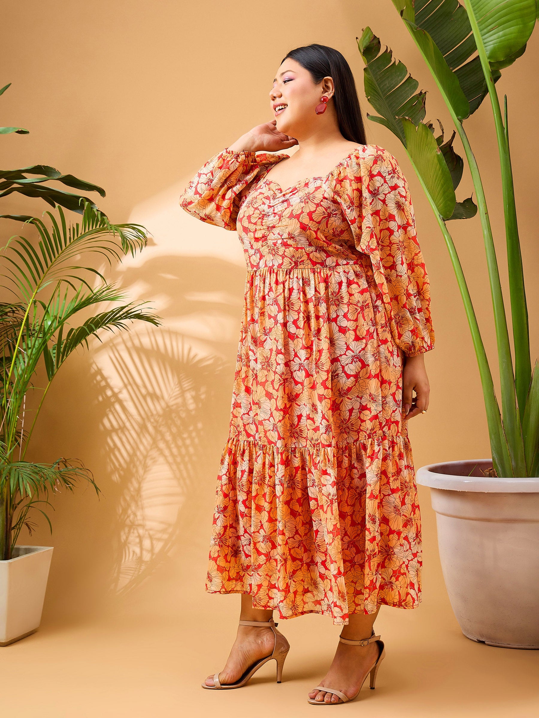 Red Tropical Hem Tiered Midi Dress-SASSAFRAS Curve