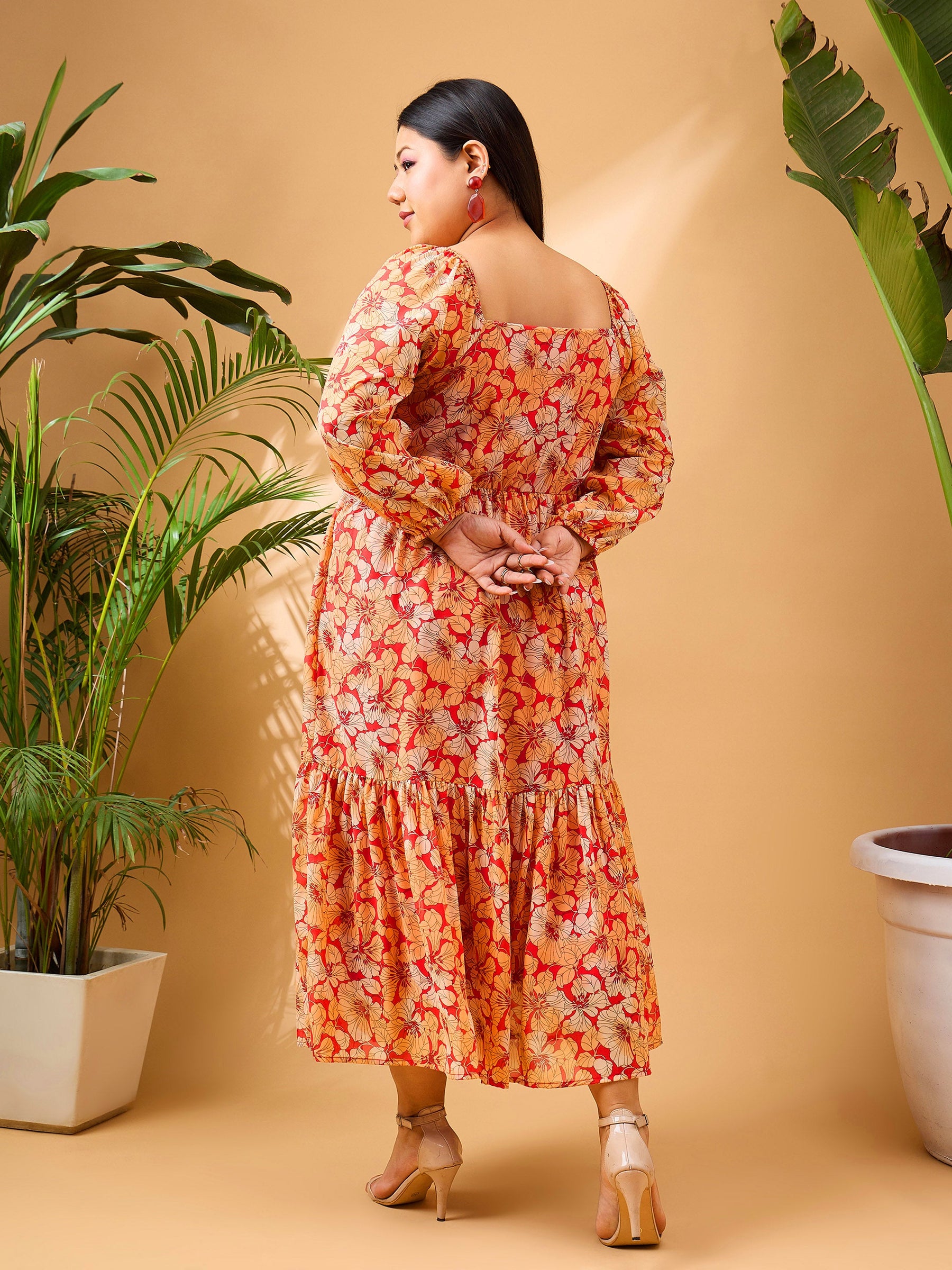 Red Tropical Hem Tiered Midi Dress-SASSAFRAS Curve