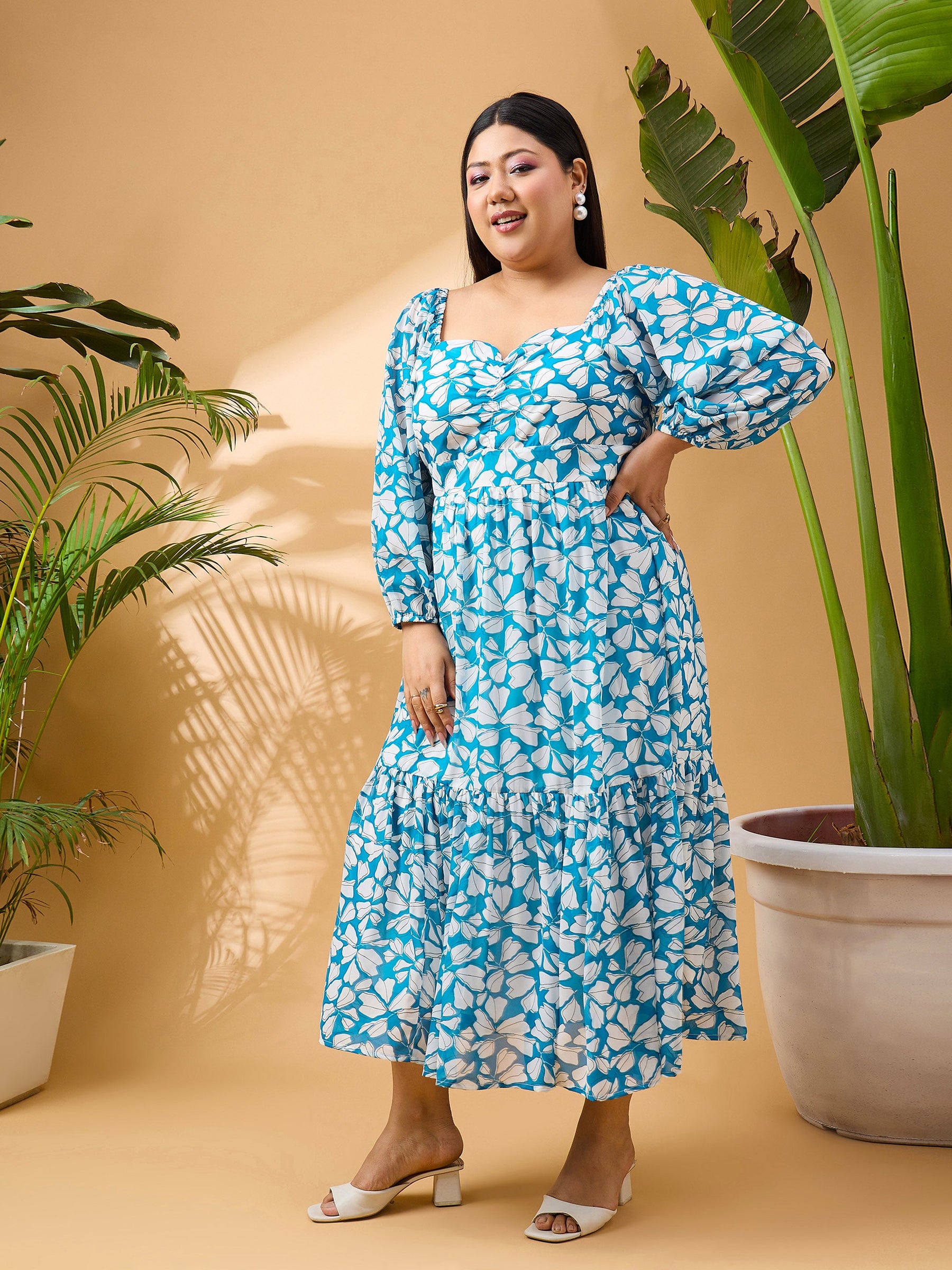 Turquoise Tropical Hem Tiered Midi Dress-SASSAFRAS Curve