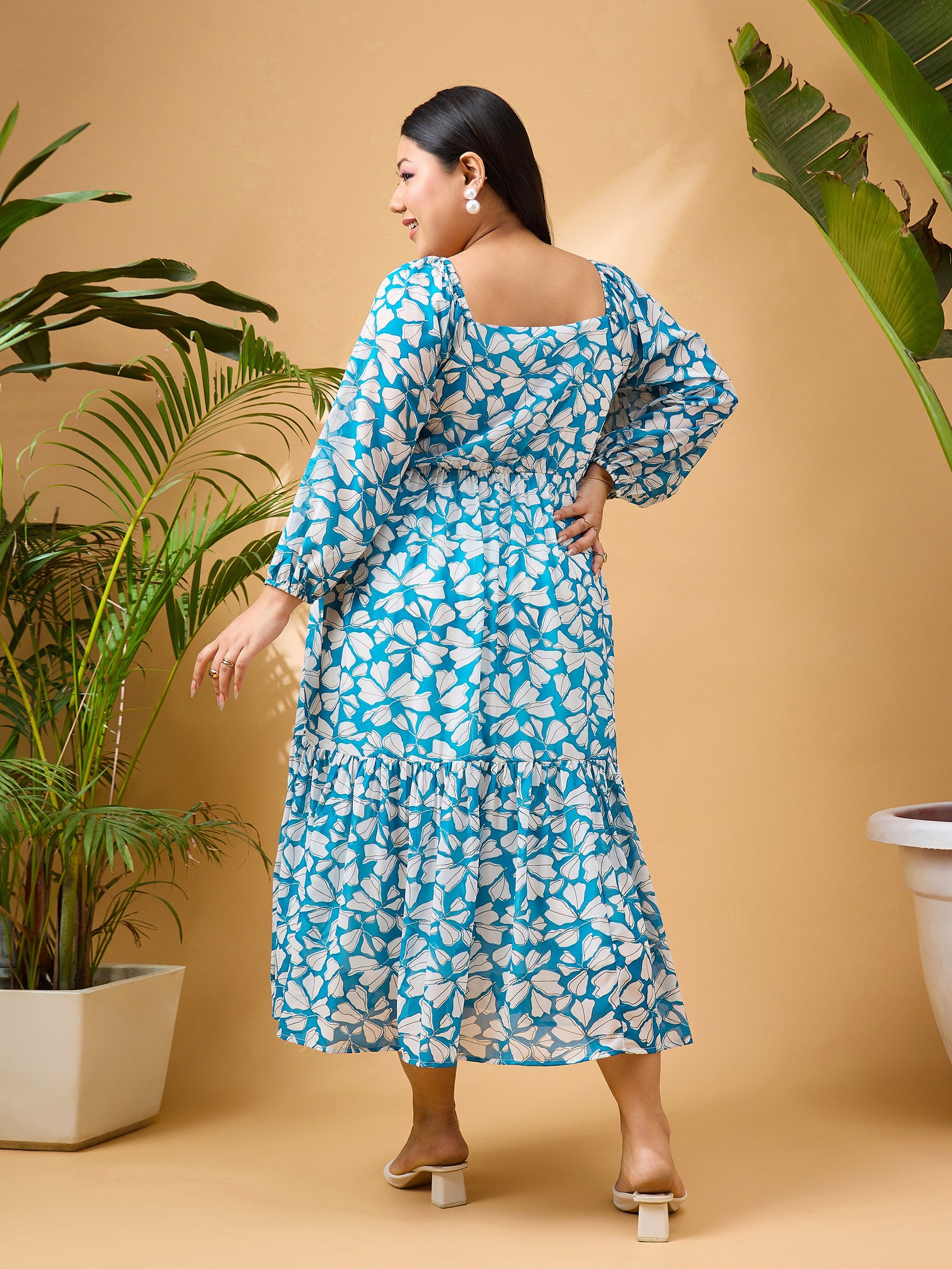 Turquoise Tropical Hem Tiered Midi Dress-SASSAFRAS Curve
