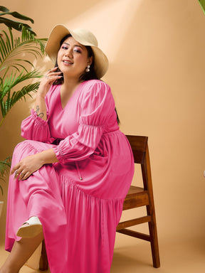 Fuchsia Solid Front Dori Tiered Midi Dress-SASSAFRAS Curve