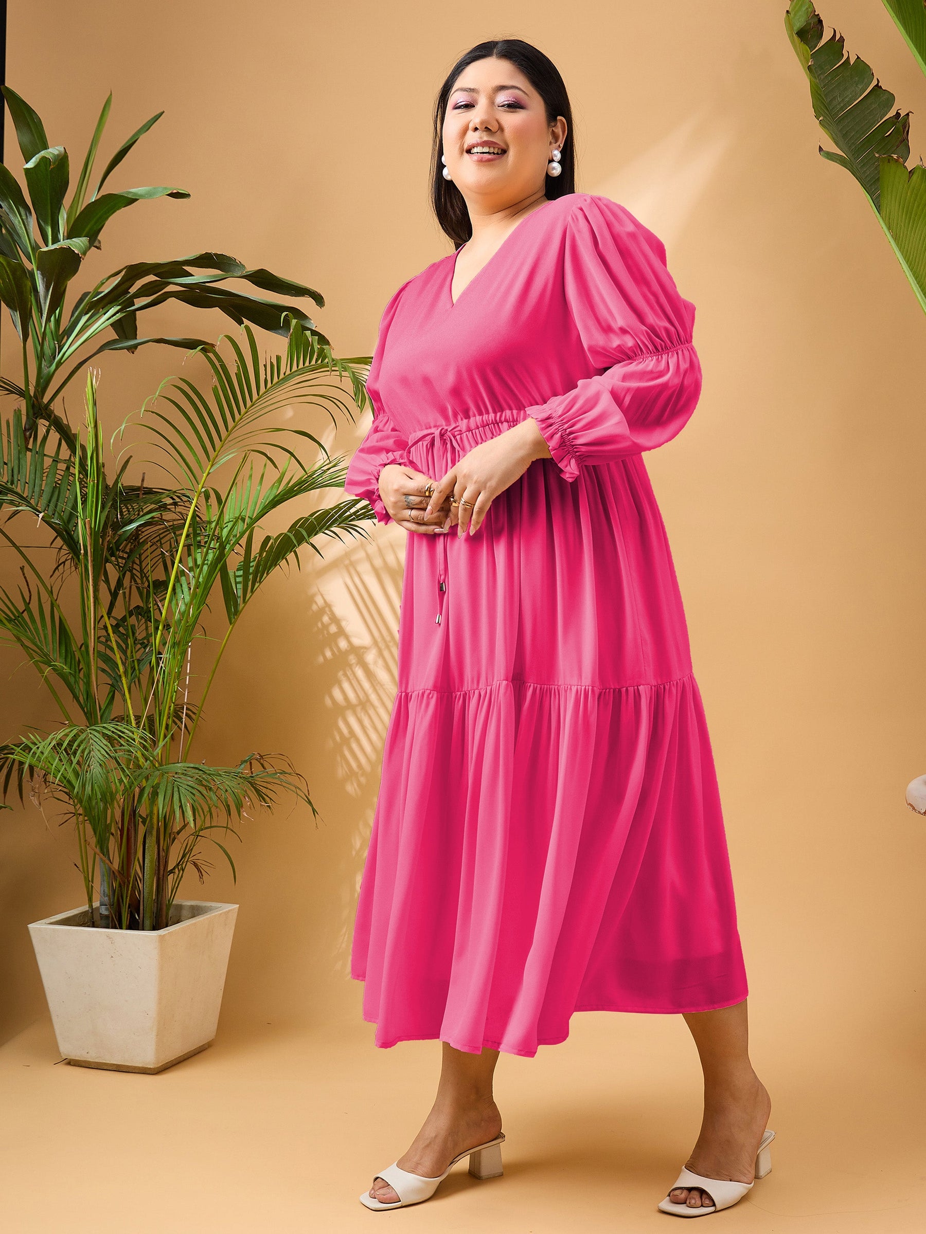 Fuchsia Solid Front Dori Tiered Midi Dress-SASSAFRAS Curve