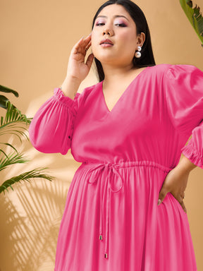 Fuchsia Solid Front Dori Tiered Midi Dress-SASSAFRAS Curve