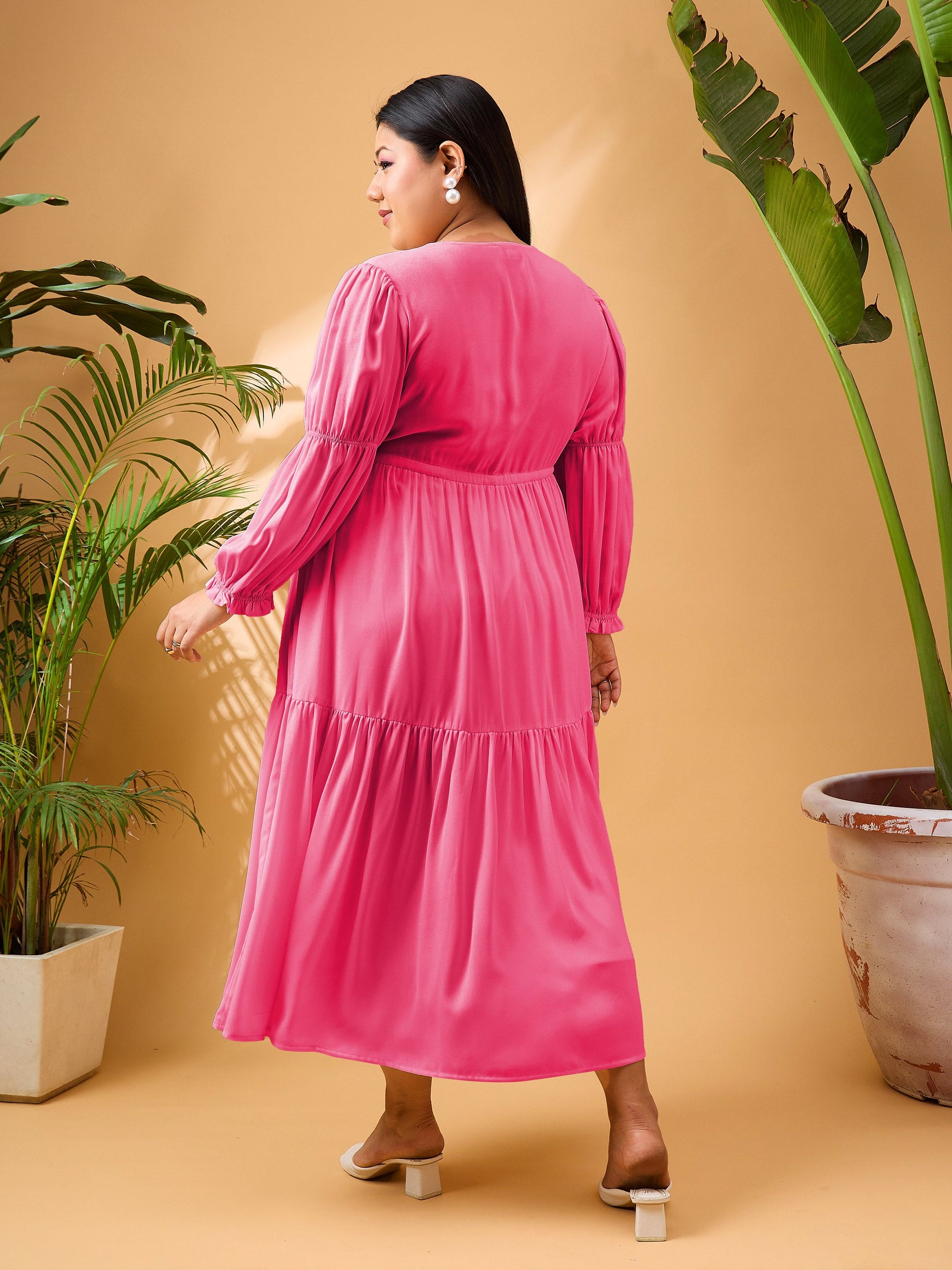 Fuchsia Solid Front Dori Tiered Midi Dress-SASSAFRAS Curve
