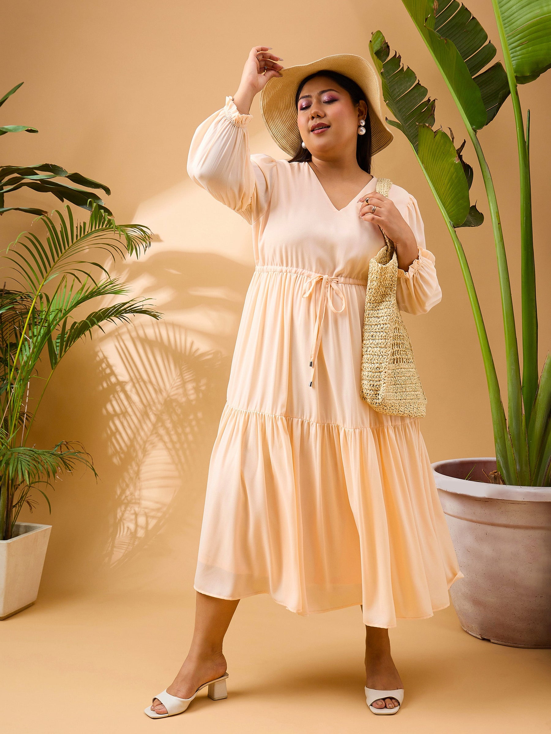 Peach Solid Front Dori Tiered Midi Dress-SASSAFRAS Curve