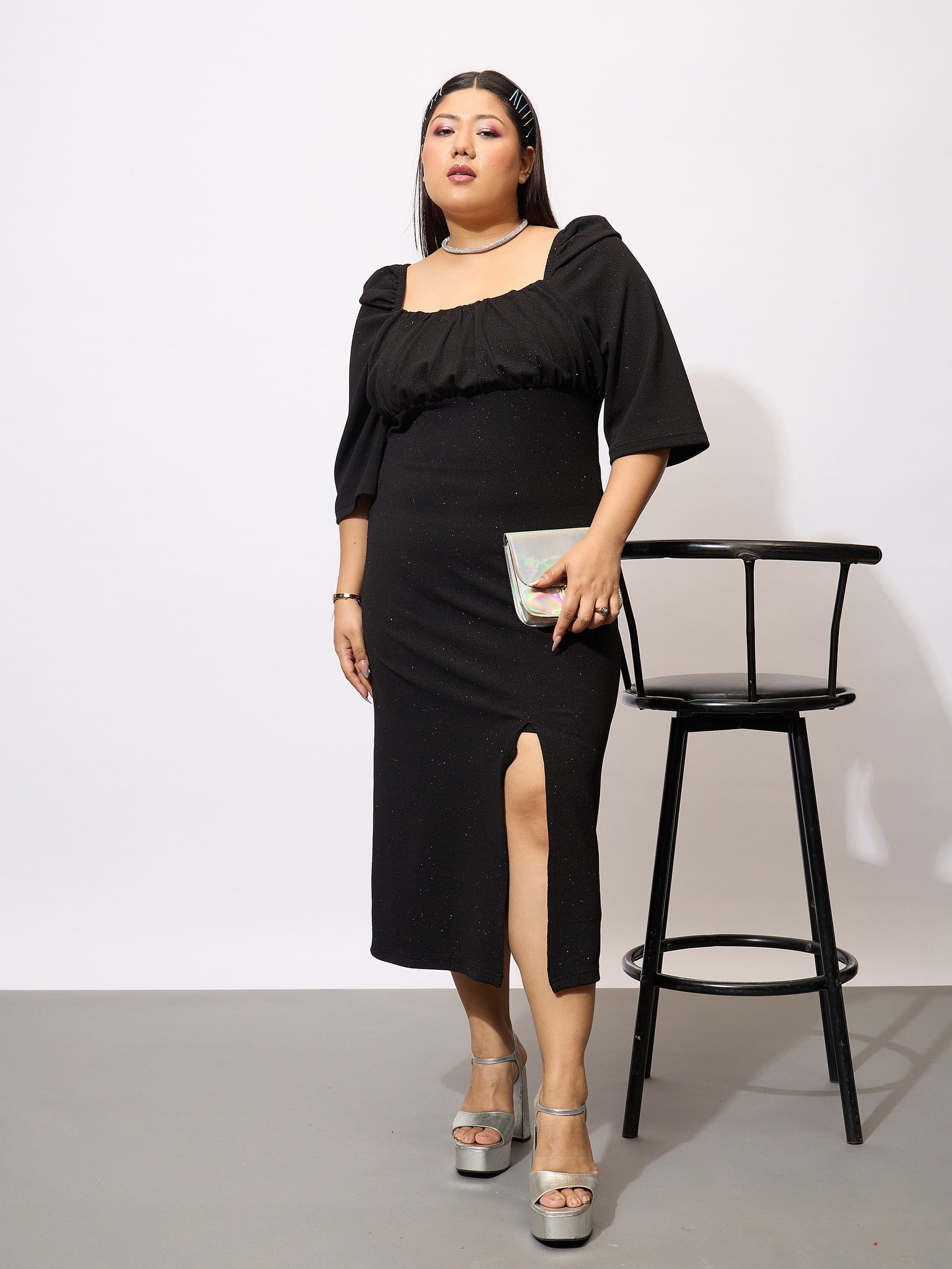 Black Glitter Bust Ruched Bodycon Dress -SASSAFRAS Curve