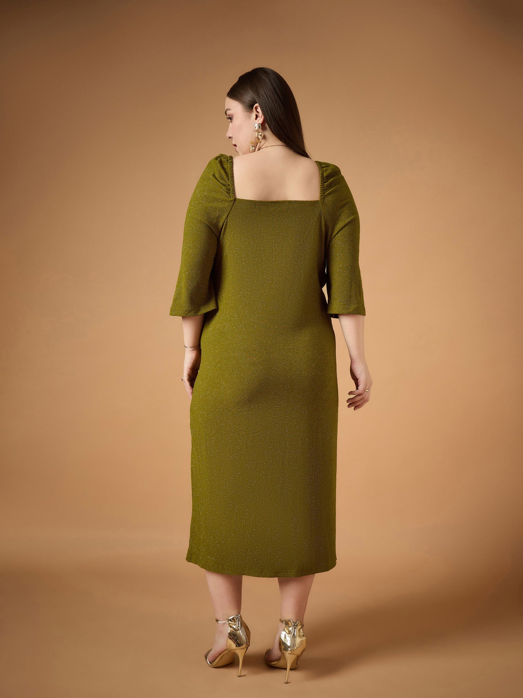 Olive Glitter Bust Ruched Bodycon Dress -SASSAFRAS Curve