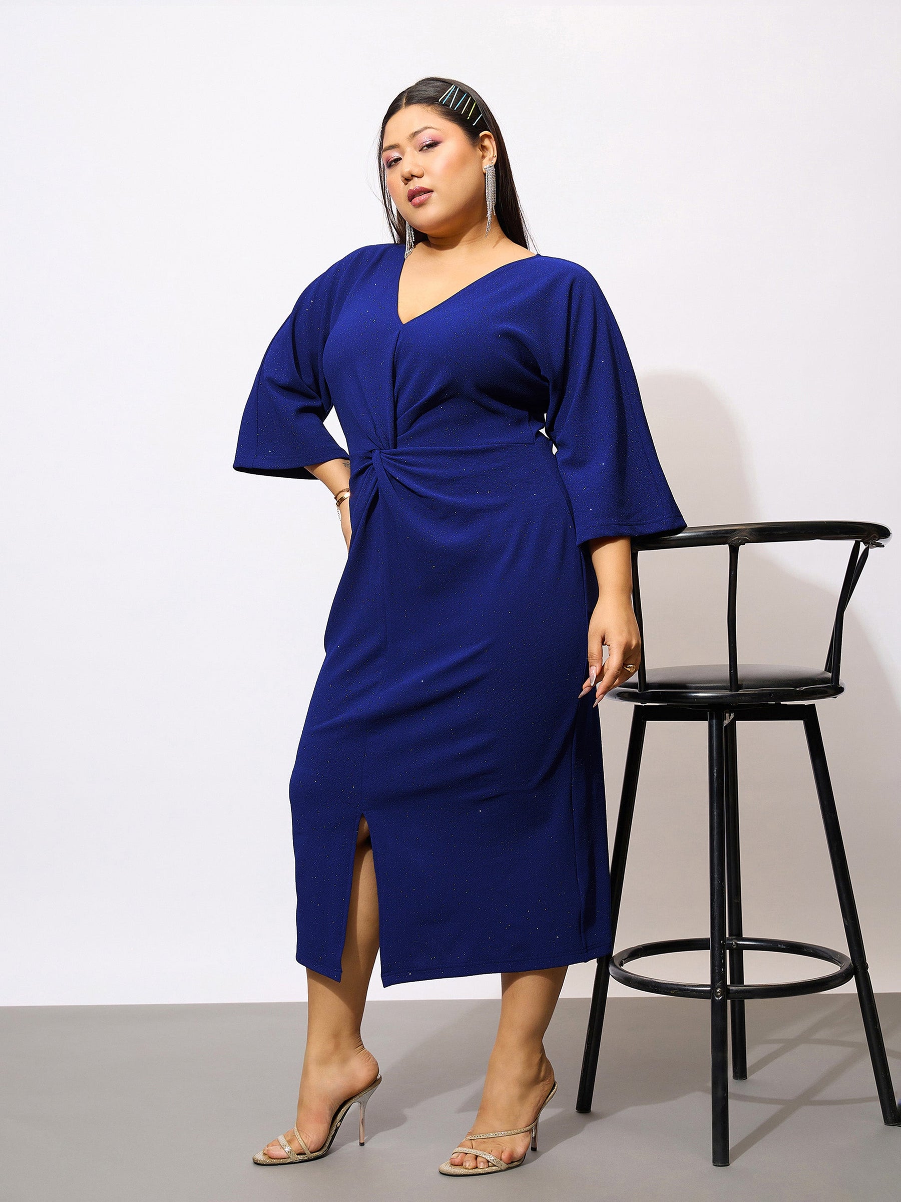 Royal Blue Glitter Mock Knot Bodycon Dress-SASSAFRAS Curve