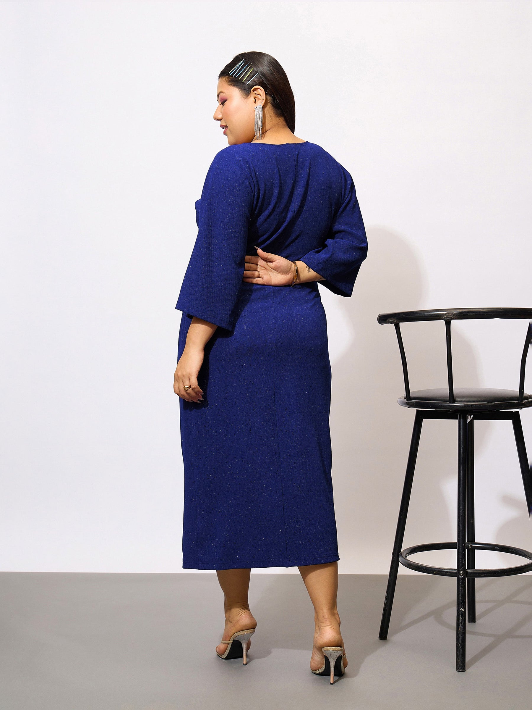 Royal Blue Glitter Mock Knot Bodycon Dress-SASSAFRAS Curve