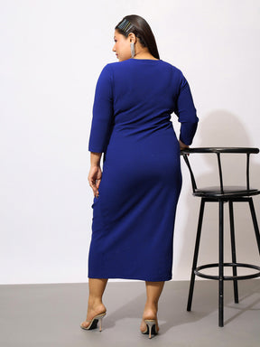 Royal Blue Glitter Front Ruched Bodycon Dress-SASSAFRAS Curve