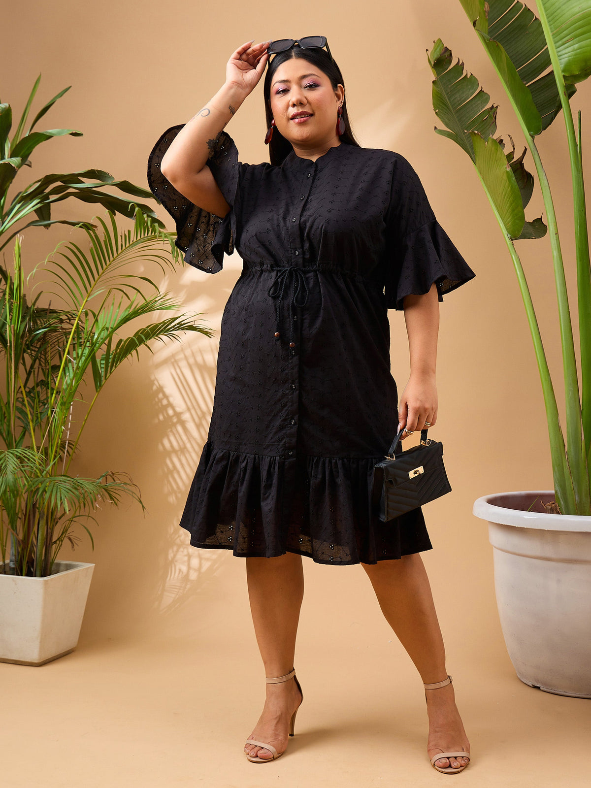 Black Schiffli Frill Sleeve & Hem Short Dress-SASSAFRAS Curve