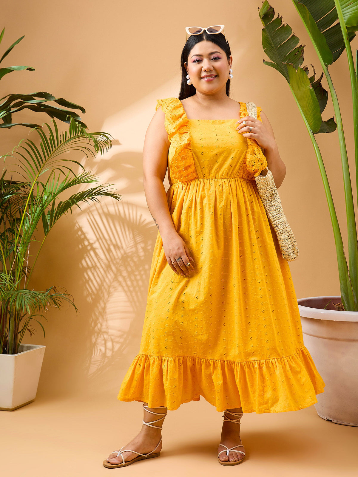 Yellow Schiffli Frill Shoulder Midi Dress-SASSAFRAS Curve