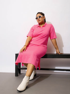 Women Fuchsia Polo Neck Detail T Shirt Dress