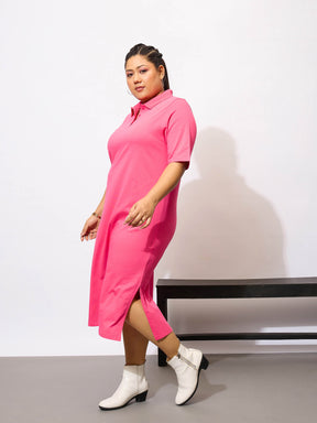 Women Fuchsia Polo Neck Detail T Shirt Dress