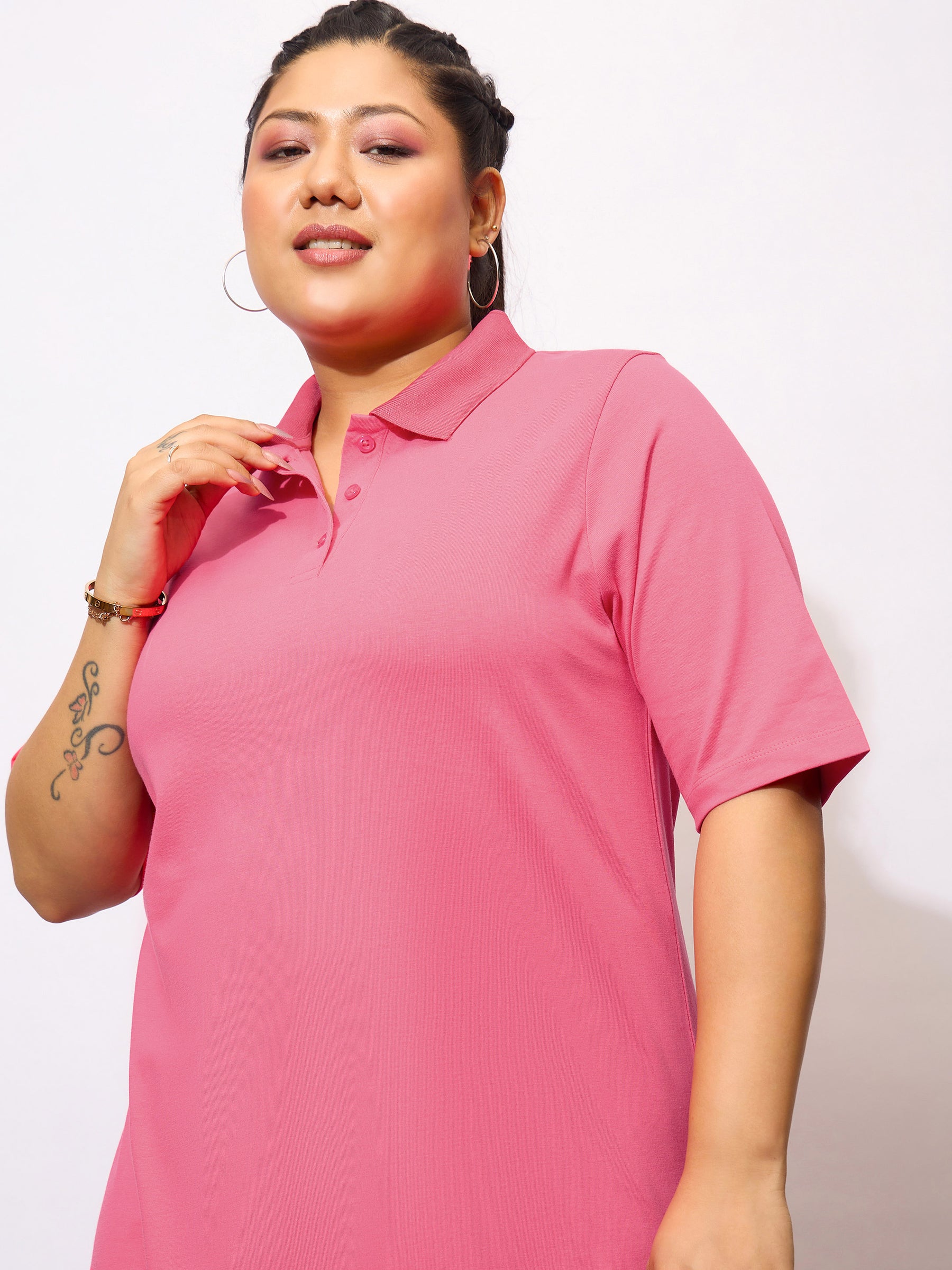 Women Fuchsia Polo Neck Detail T Shirt Dress