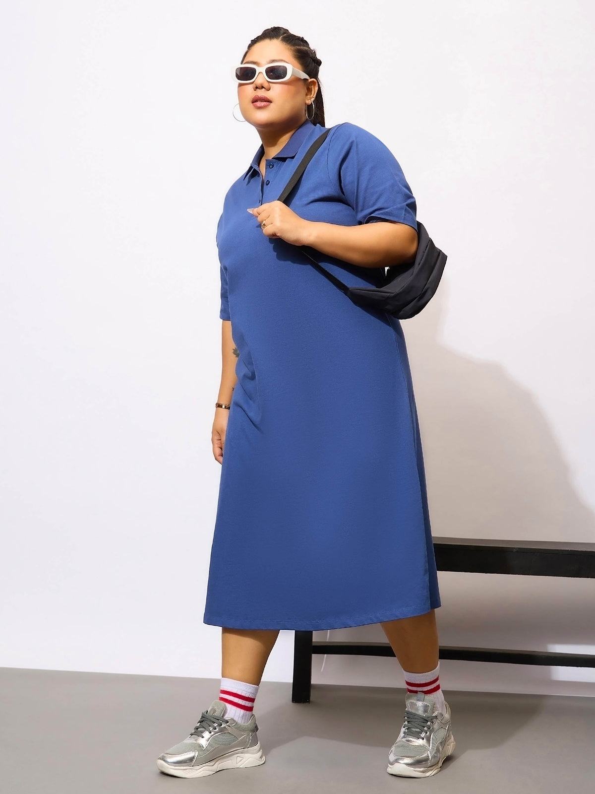 Navy Blue Polo Neck T Shirt Dress-SASSAFRAS Curve