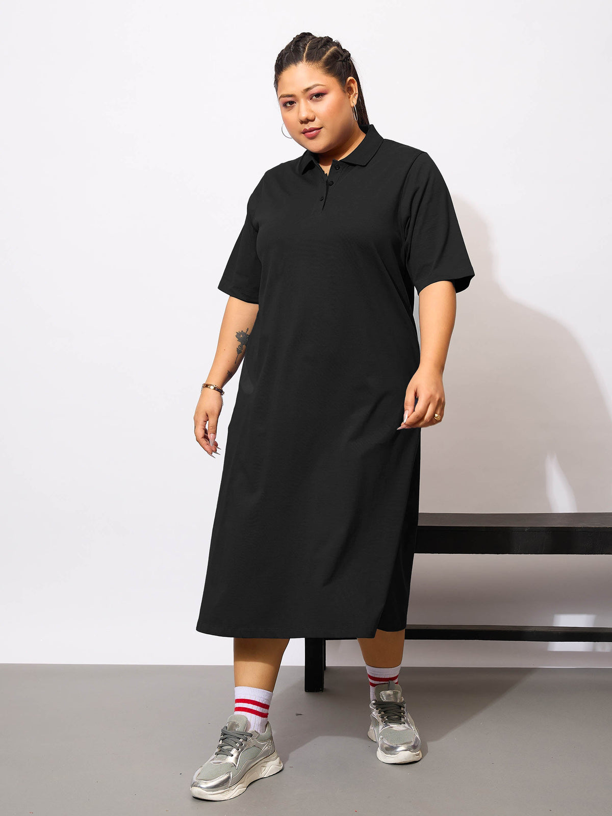 Black Polo Neck T Shirt Dress-SASSAFRAS Curve