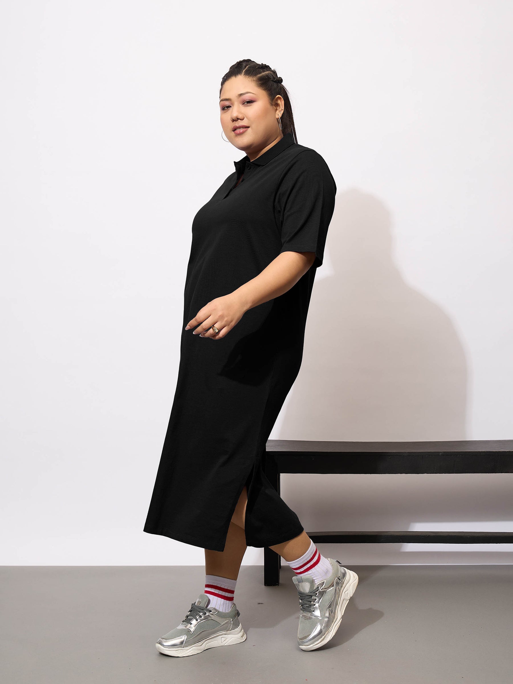 Women Black Polo Neck T Shirt Dress