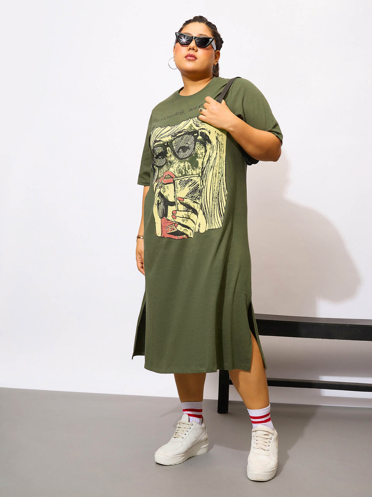 Olive Graphic NOT YOURS T Shirt Dress-SASSAFRAS Curve