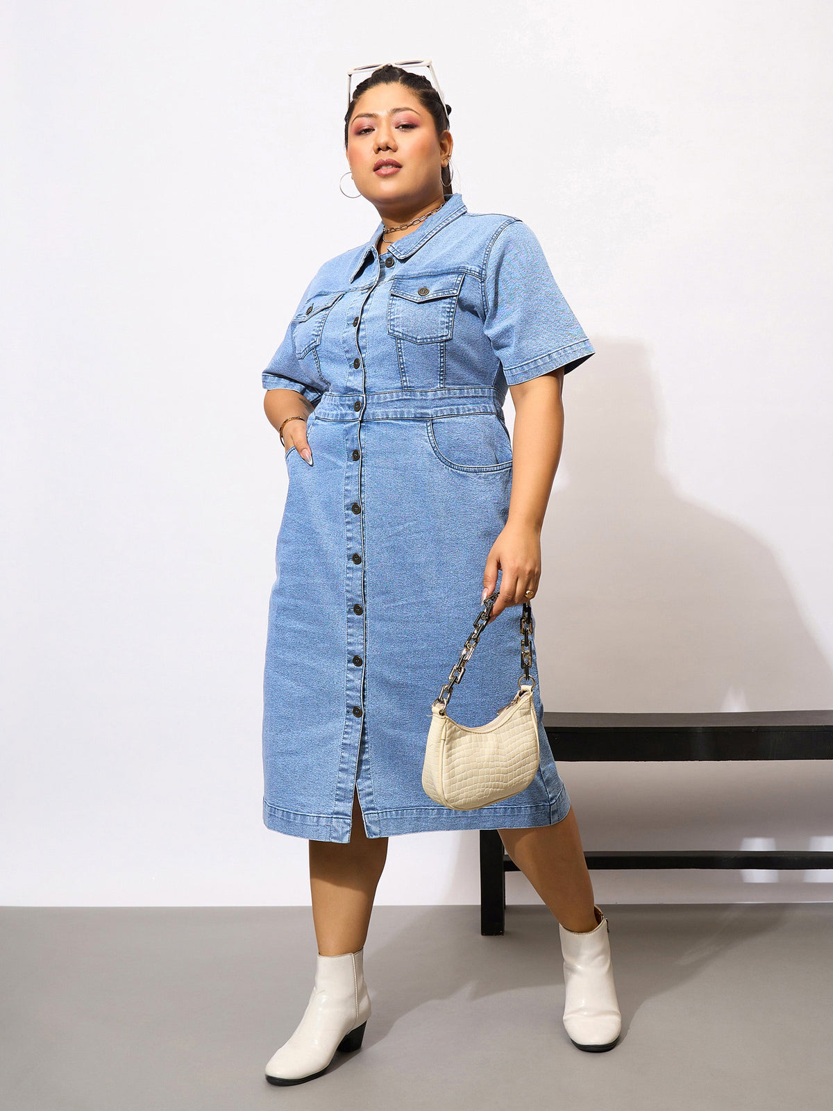 Navy Denim Acid Wash Front Button Shirt Dress-SASSAFRAS Curve