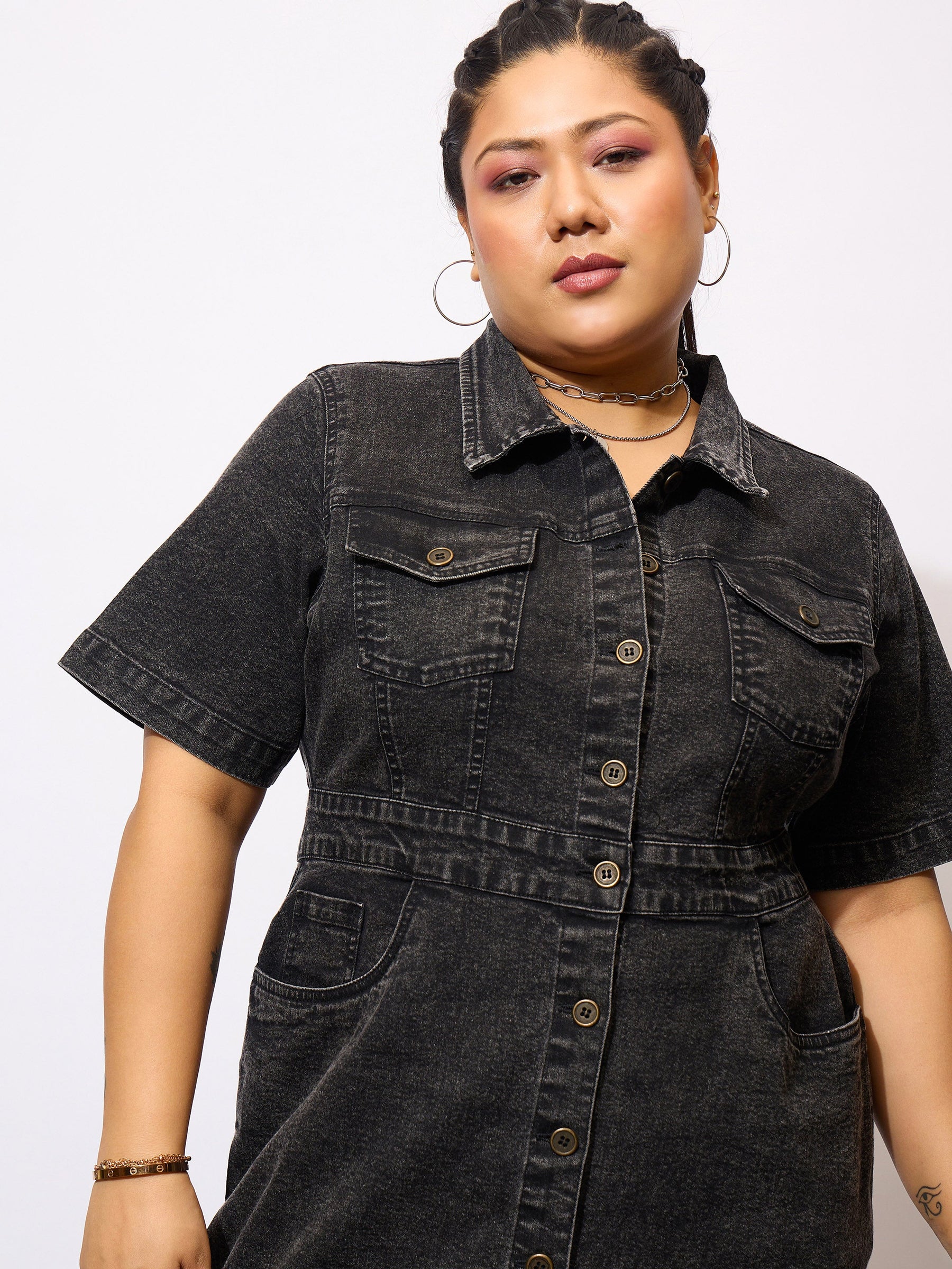 Women Black Denim Acid Wash Front Button Shirt Dress