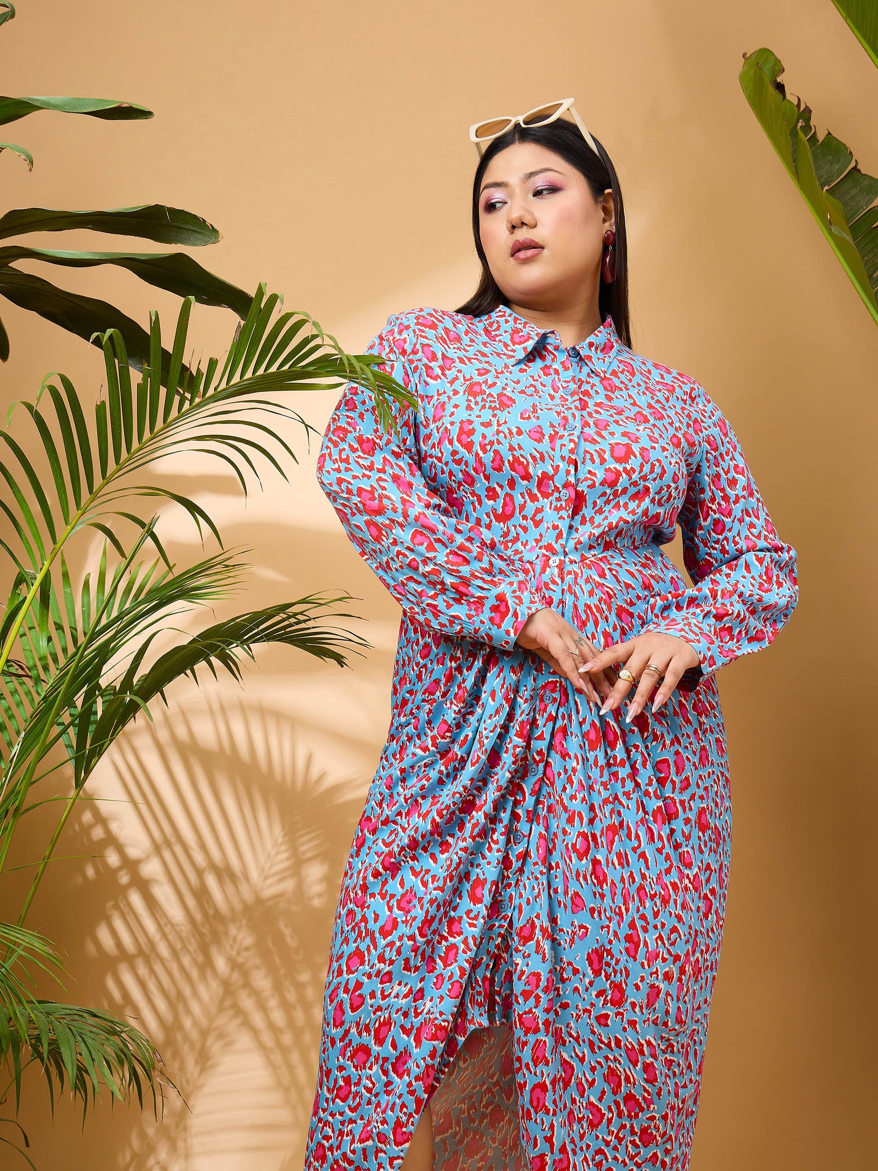 Blue & Red Print Front Button Midi Dress-SASSAFRAS Curve