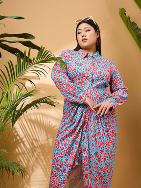 Blue & Red Print Front Button Midi Dress-SASSAFRAS Curve