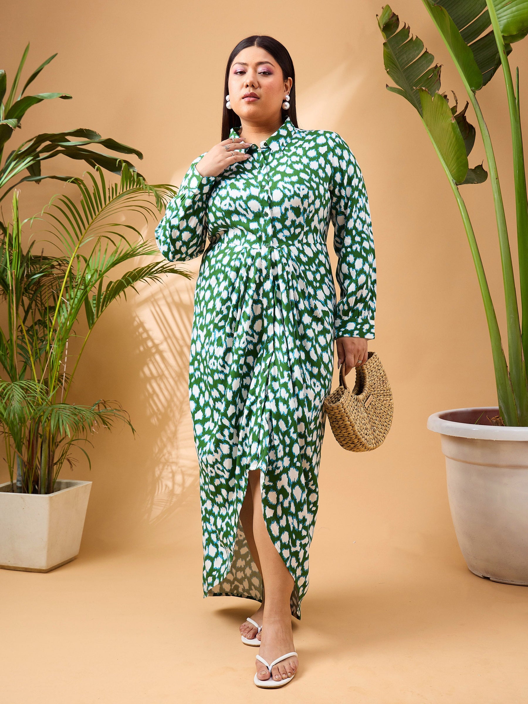 Green & White Print Button Open Midi Dress-SASSAFRAS Curve