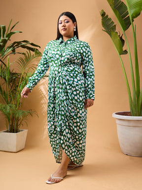 Green & White Print Button Open Midi Dress-SASSAFRAS Curve