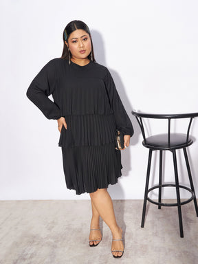 Black Pleated Skater Tiered Dress-SASSAFRAS Curve