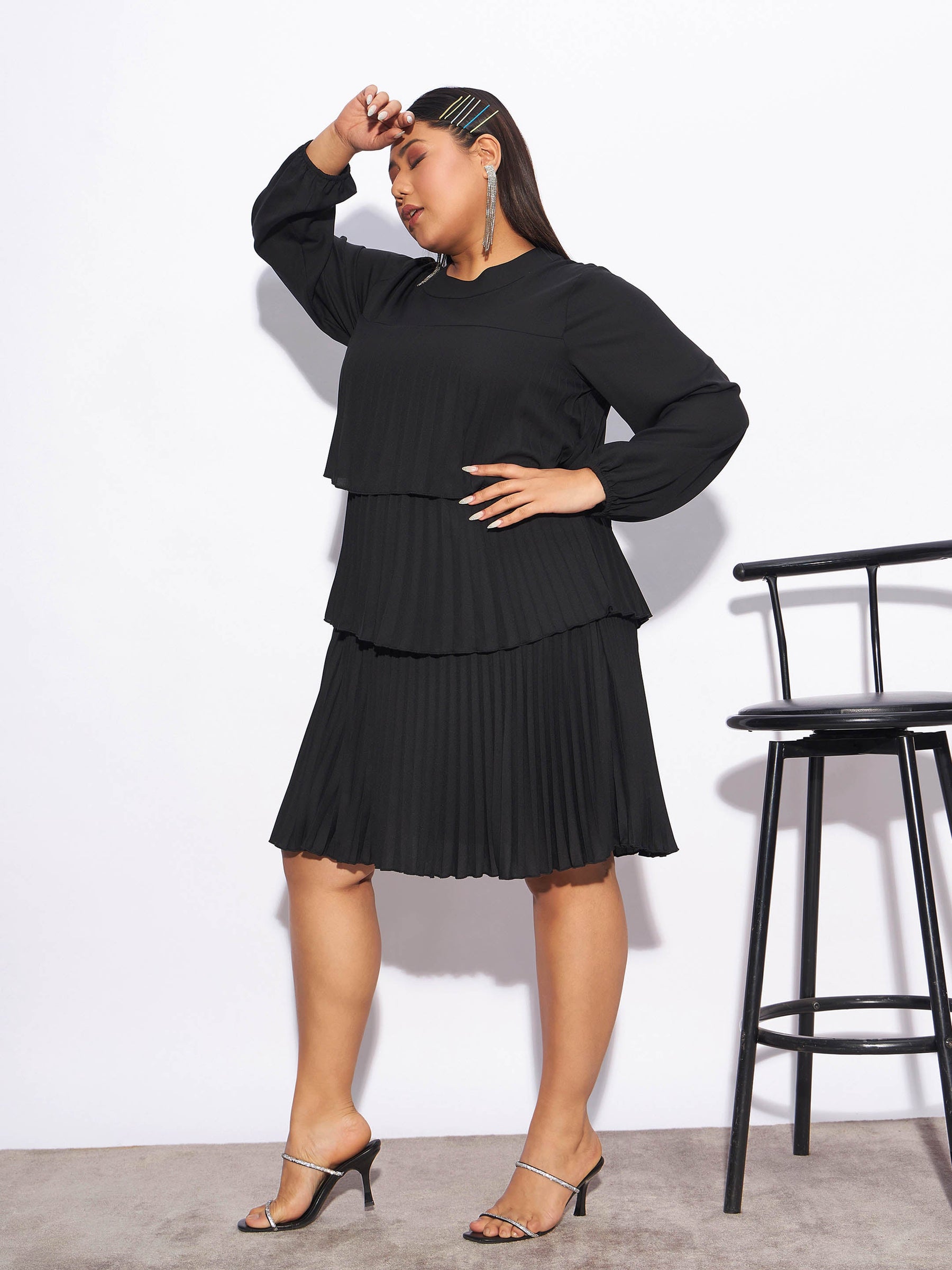 Black Pleated Skater Tiered Dress-SASSAFRAS Curve