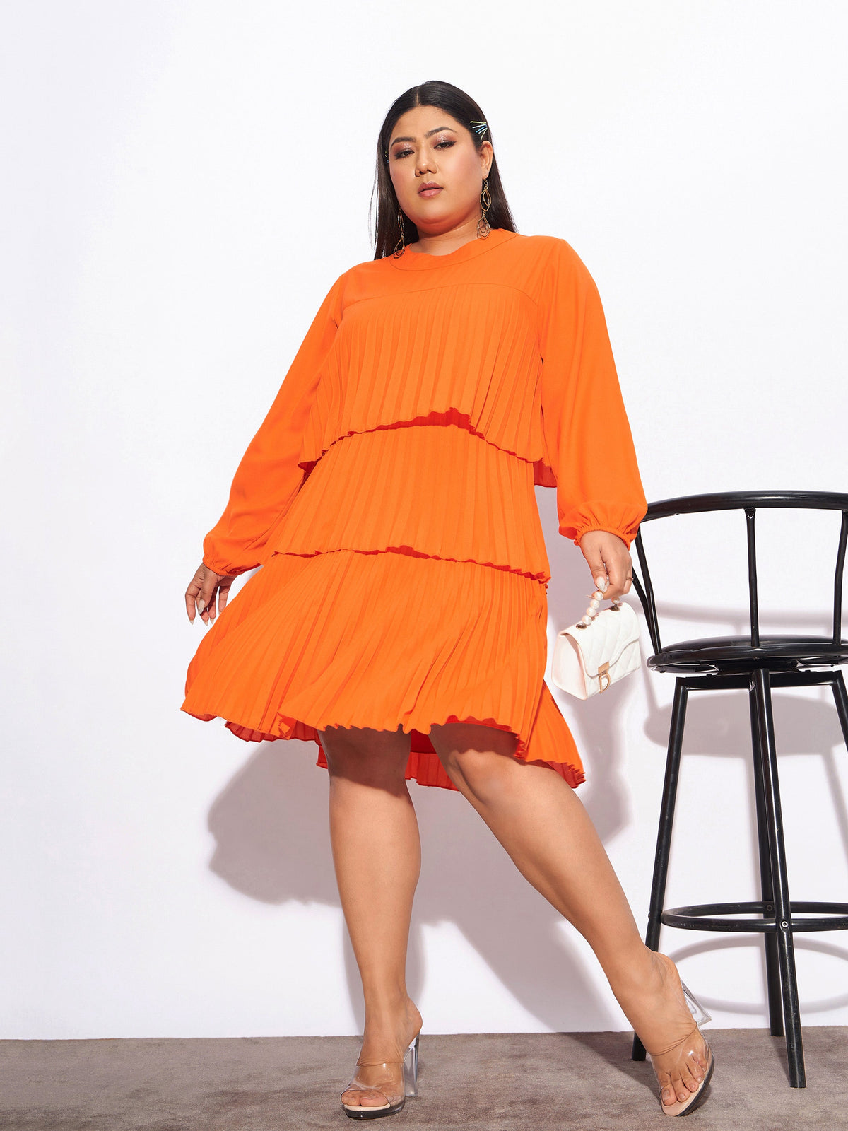 Orange Pleated Skater Tiered Dress-SASSAFRAS Curve