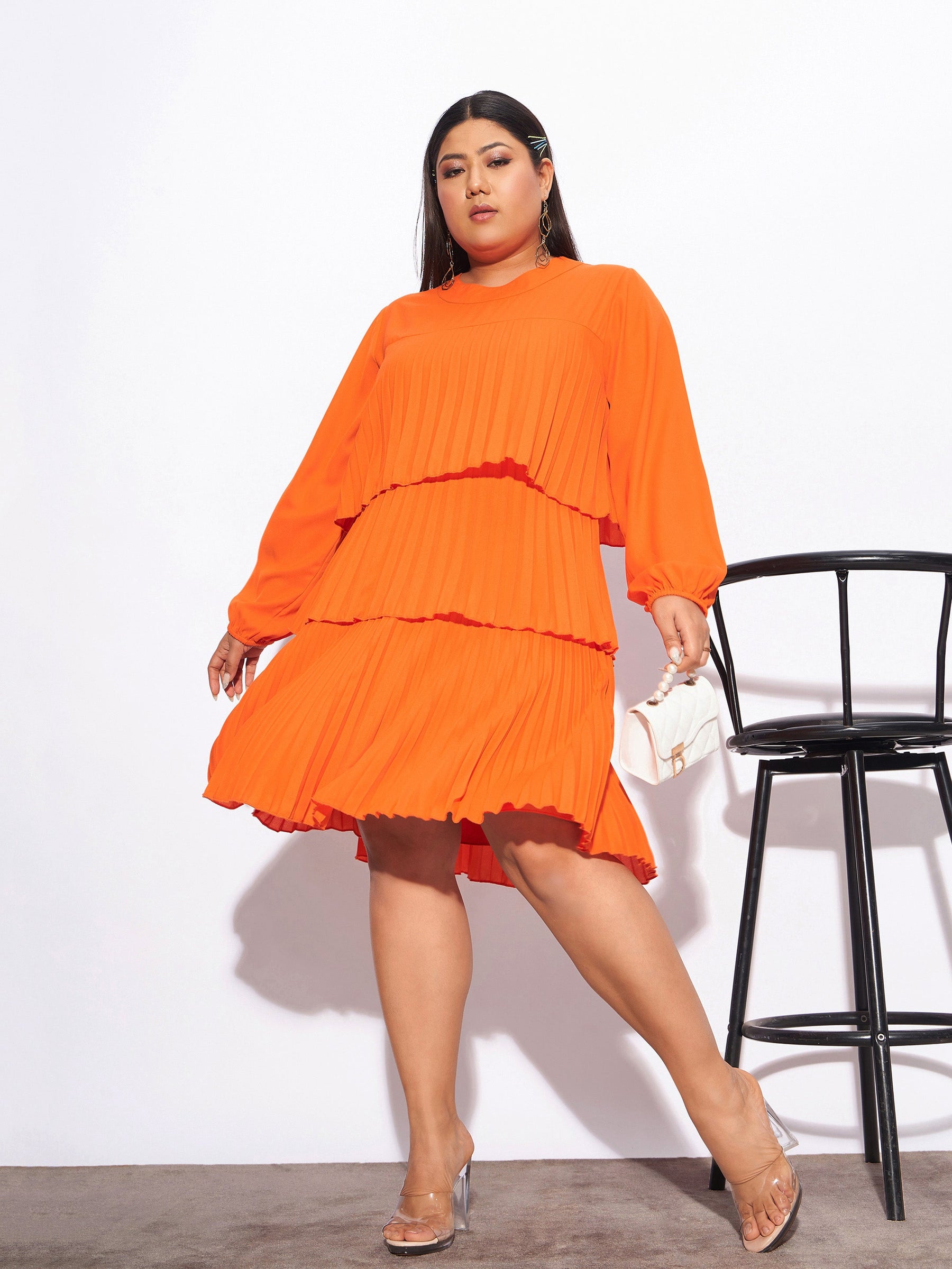 Orange Pleated Skater Tiered Dress-SASSAFRAS Curve